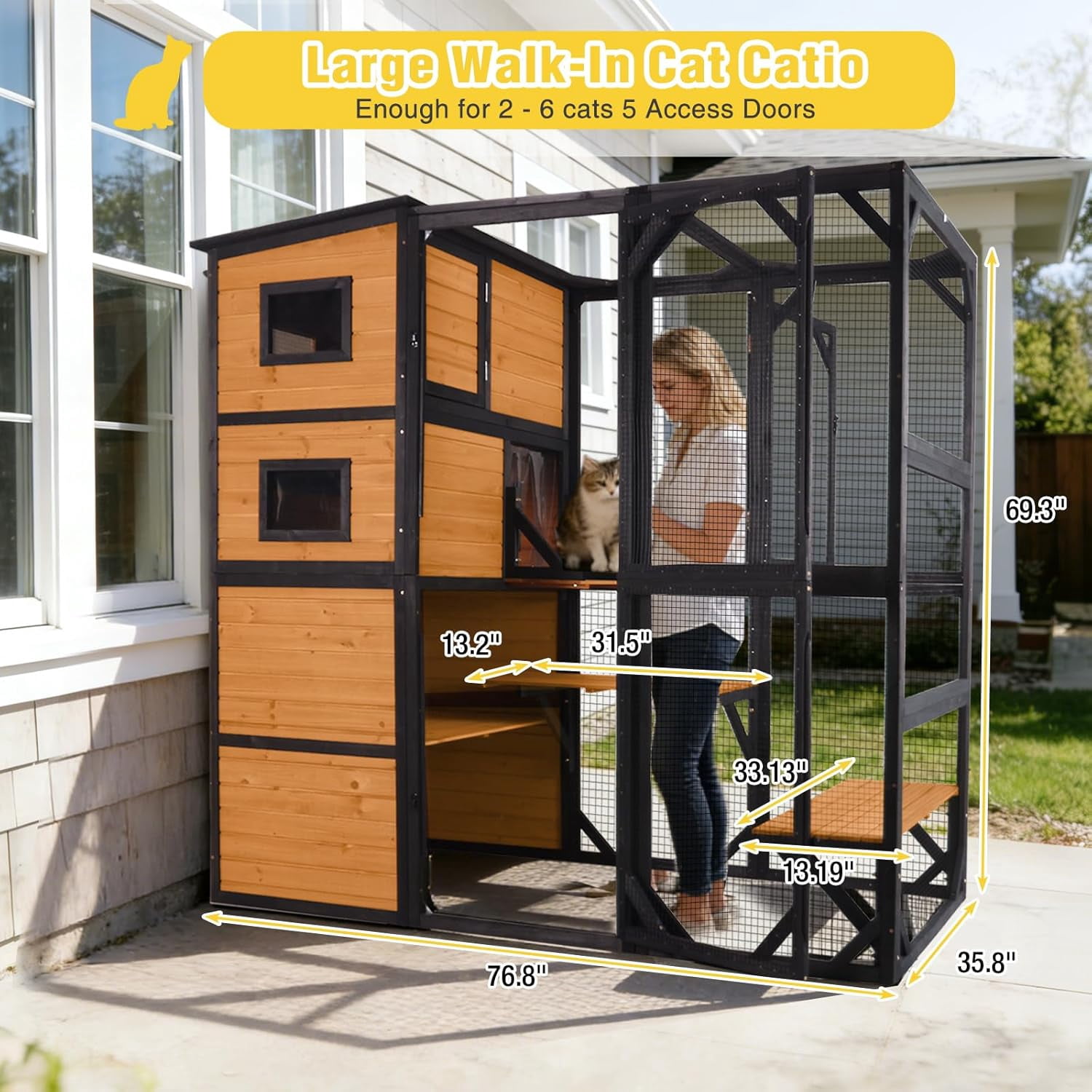 MEDEHOO Large Catio Cat Enclosure Window for Outdoor Cats, Weatherproof Cat House with Roof, Resting Platforms & Windows, Indestructible Feral Cat Shelter for Backyard - Black and Brown