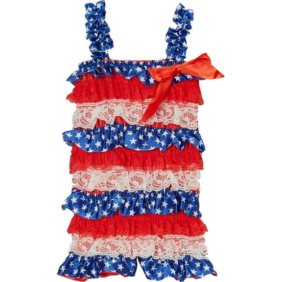 Wenchoice Girl's Blue Patriotic Ruffle Satin Romper - S(6M-12M)