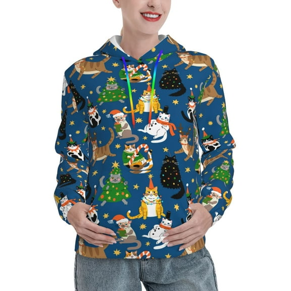 Kdxio Different Cats Christmas Print Womens Oversized Hoodies Sweatshirts Hooded Pullover Tops Sweaters Casual-Small