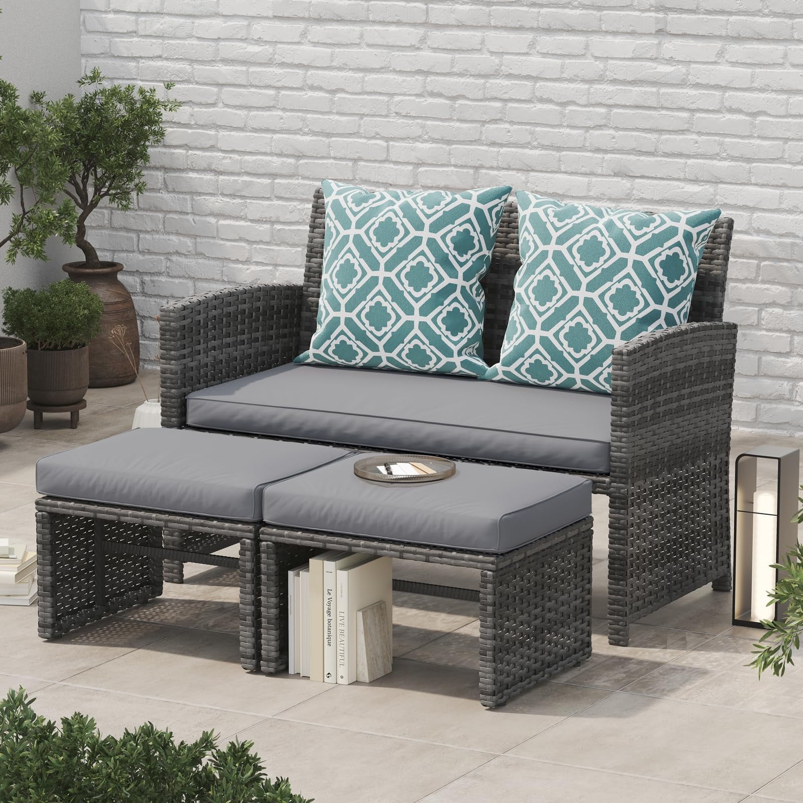JOIVI Outdoor Loveseat Patio Furniture Rattan Conversation Set, with Ottoman, Pillows Included, Grey Wicker, Light Gray Cushions