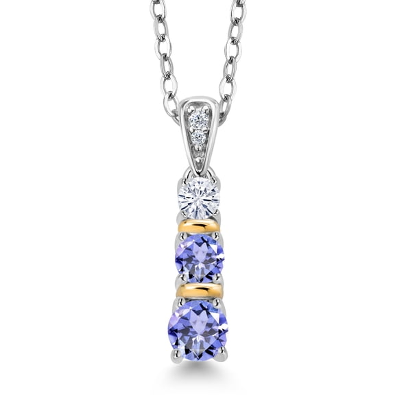 Gem Stone King 925 Silver and 10K Yellow Gold Round Blue Tanzanite and White Moissanite Pendant Necklace for Women (0.58 Cttw, Gemstone December Birthstone, with 18 inch Chain)