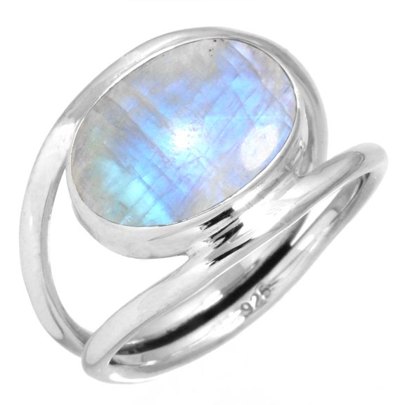 925 Silver Ring For Women - Girls White Natural Rainbow Moonstone Stone Silver Ring Size 9 June Birthstone Simple Silver Ring Size 9 Gift For Women On Engagement 925 Silver Jewelry With Gemstone