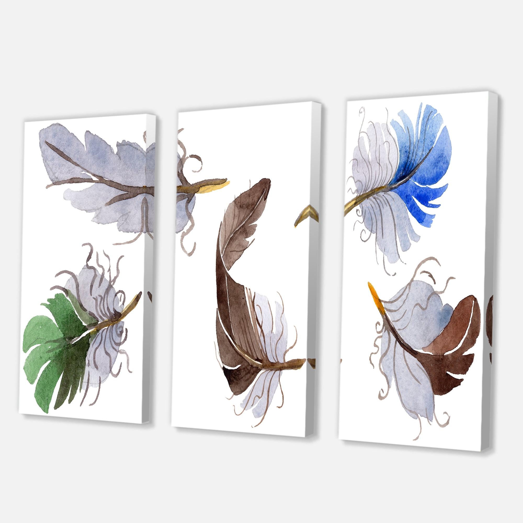 Designart ' Colourful Boho Feather Set On White IV ' Bohemian & Eclectic Canvas Wall Art Print