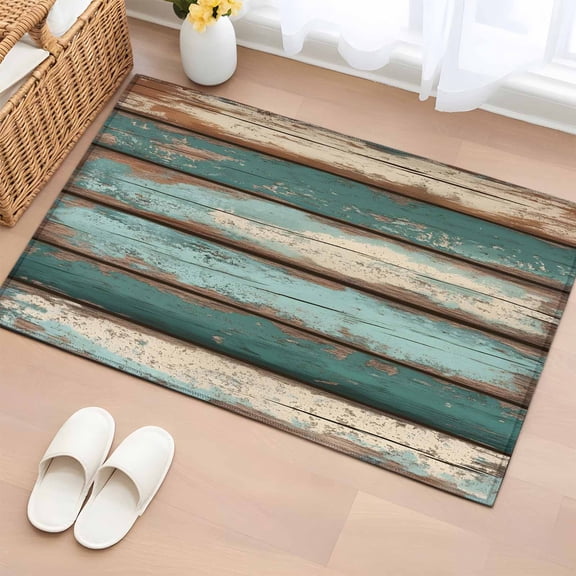 2x3 Ft Entryway Area Rug, Farmhouse Teal Blue Brown Kitchen Rug Runner Washable Floor Mat, Vintage Wooden Non Slip Indoor Door Mat Throw Carpet for Bathroom Living Room Bedroom