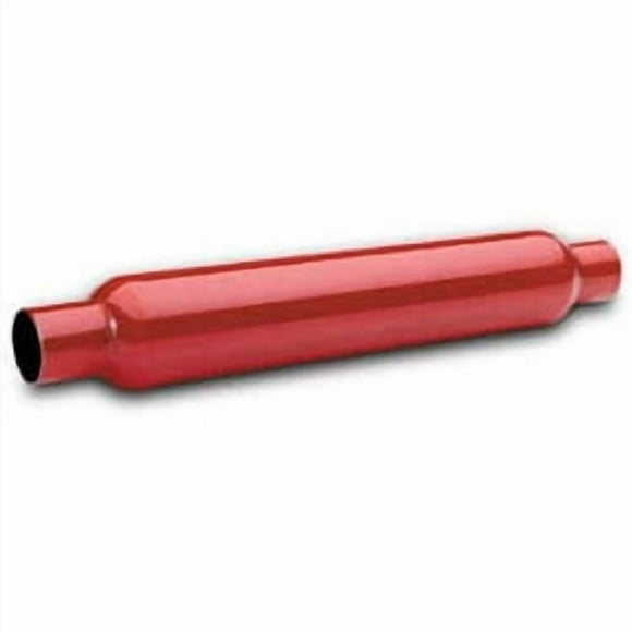 Flow Tech Exhaust Muffler 50250FLT Red Hots; 3-1/2 Inch Diameter Steel Case; Single 2 Inch Center Inlet; Single 2 Inch Center Outlet; 18 Inch Body/24 Inch Overall Length
