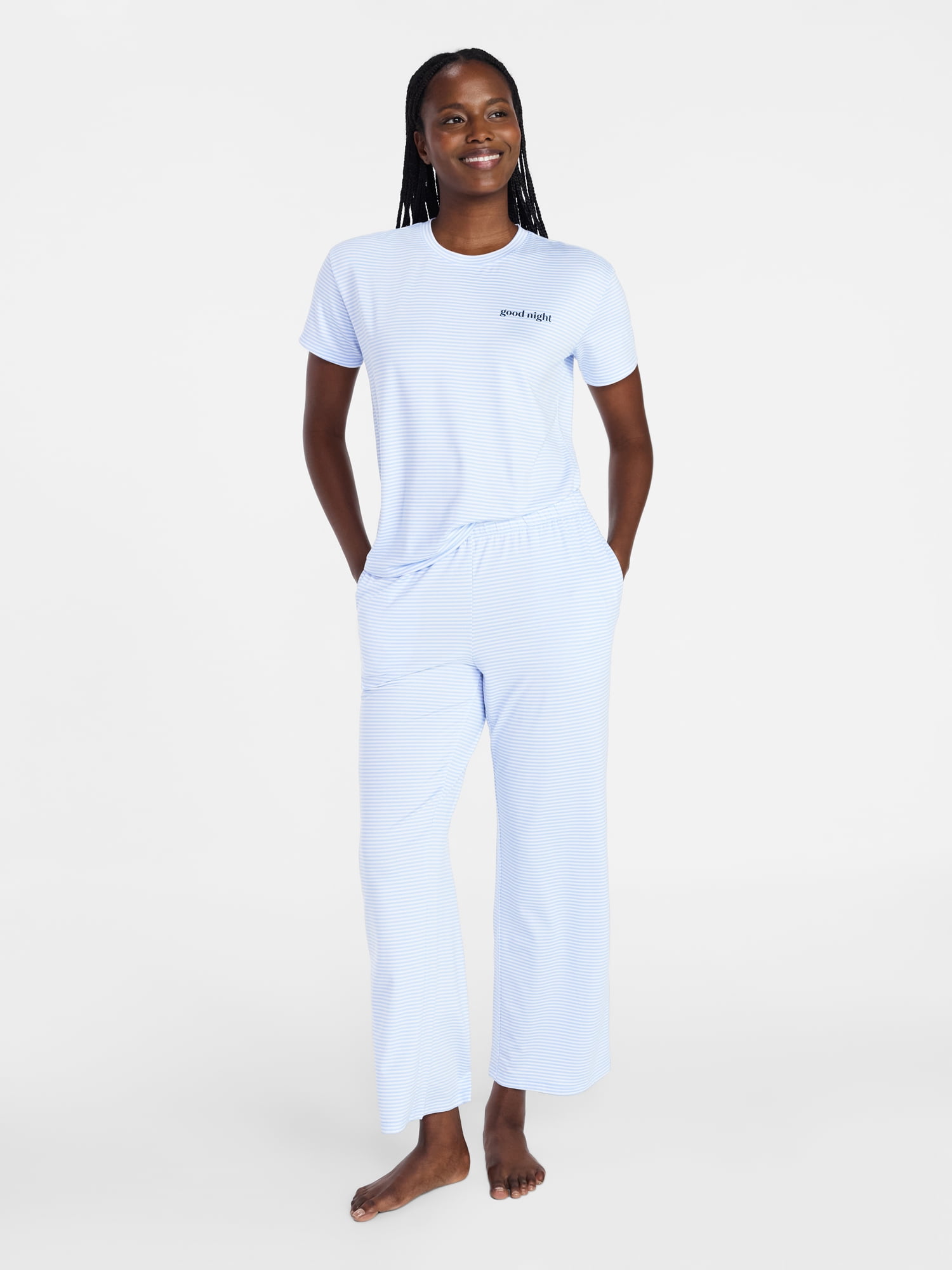 Joyspun Women's Dreamy Soft Collection Short Sleeve Sleep Top and Open Leg Pants Pajama Set, 2-Piece, Sizes XS-3X