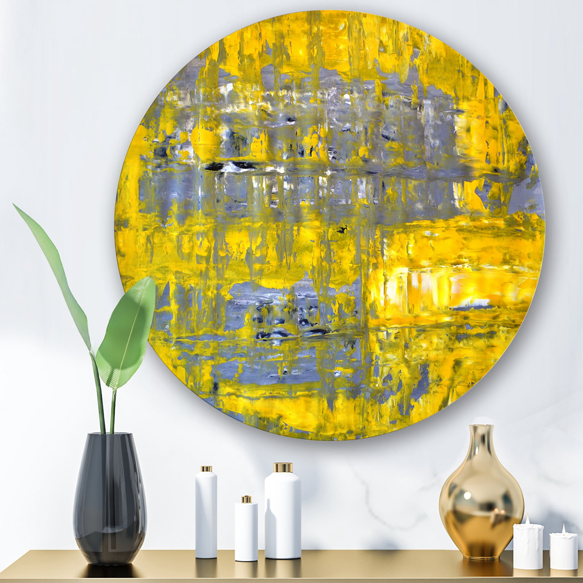 Designart 'Grey Meets Yellow Abstract Art I' Modern Circle Metal Wall Art 11x11 - Disc of 11