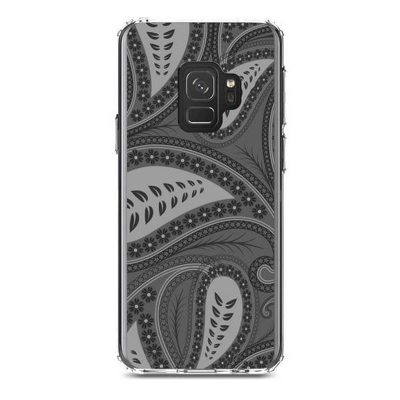 DistinctInk Clear Shockproof Hybrid Case for Samsung Galaxy S9 (5.8" Screen) - TPU Bumper, Acrylic Back, Tempered Glass Screen Protector - Big Grey Black Paisley