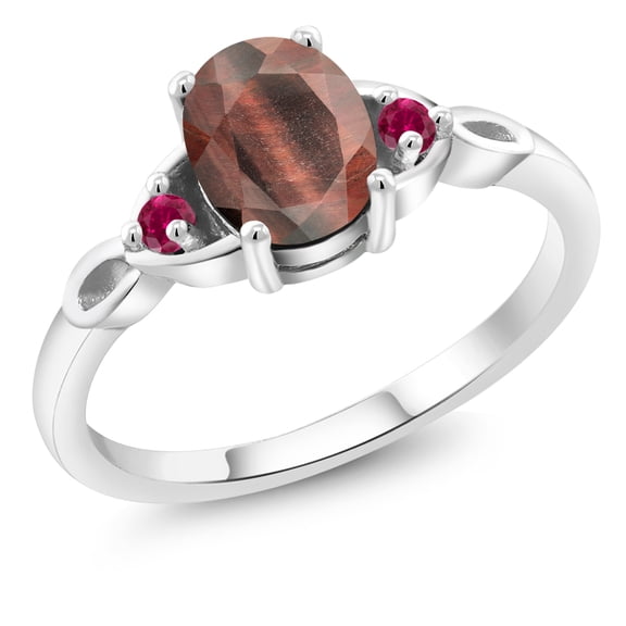 Gem Stone King 925 Sterling Silver Red Tiger Eye and Red Created Ruby 3-Stone Rings for Women (1.35 Cttw, Gemstone, Oval 8X6MM, Size 7)