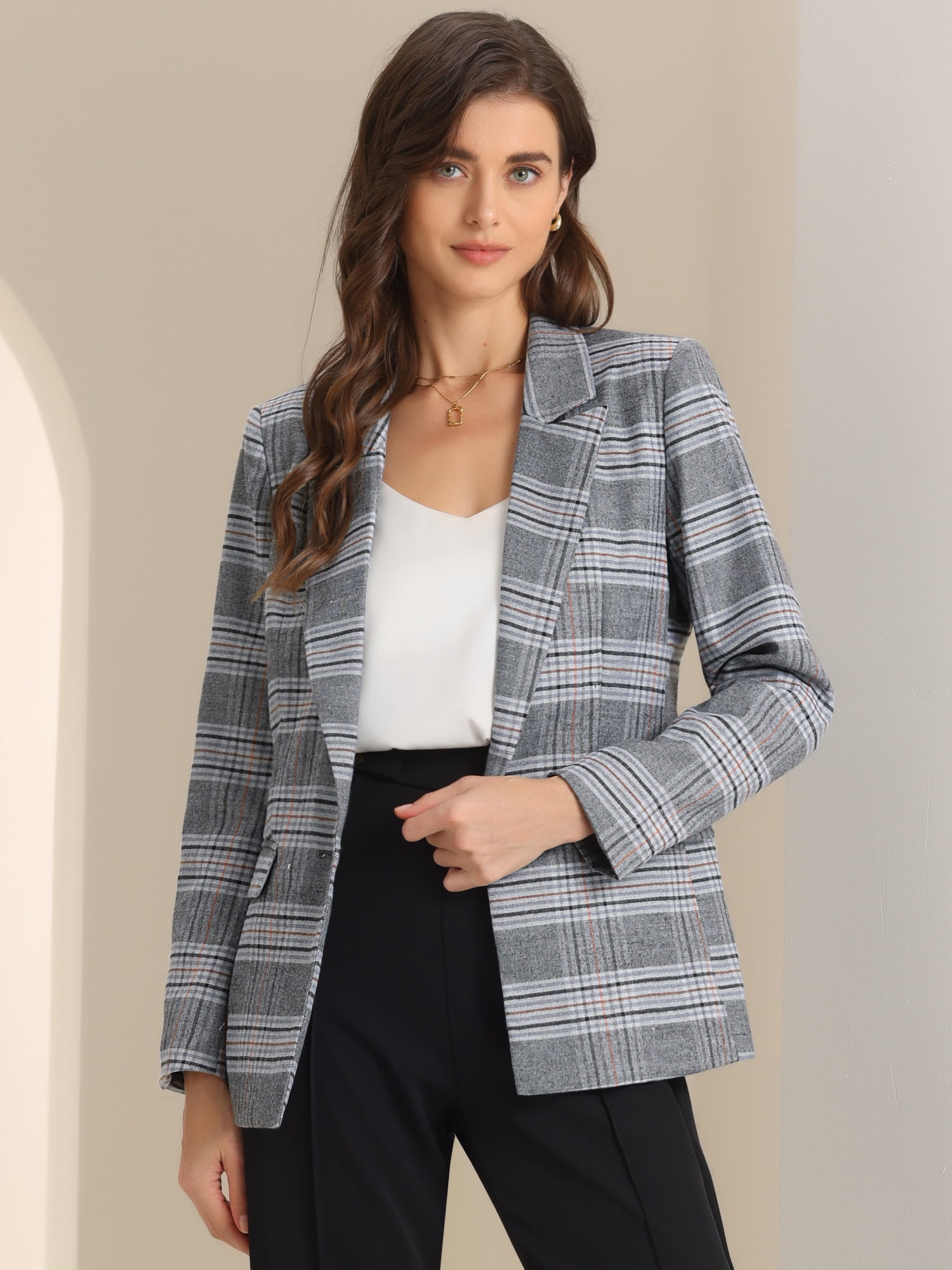 DARING DIVA Women's Plaid Notched Lapel Blazer S Grey