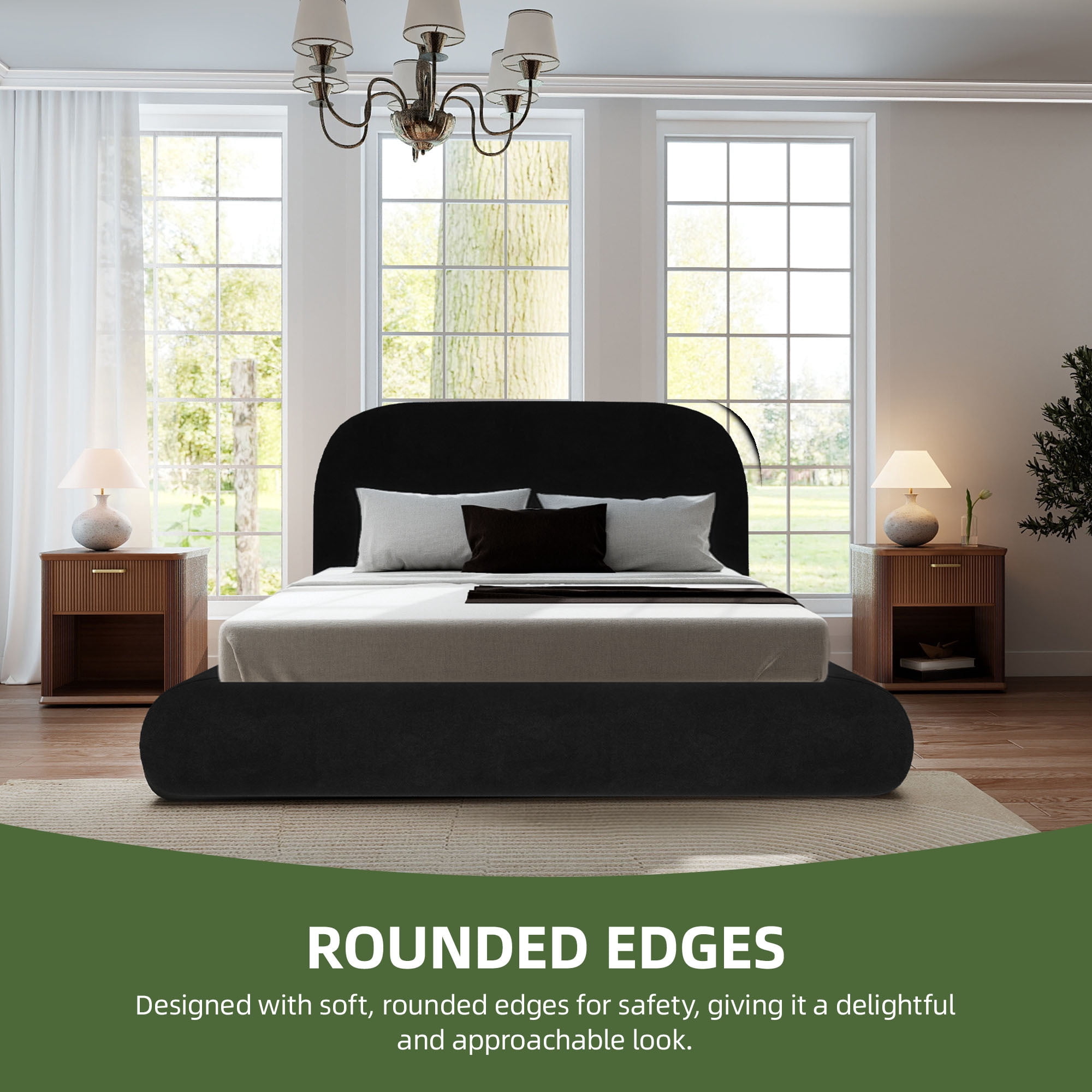 Uforic Queen Size Velvet Upholstered Platform Bed Frame, Contemporary Curved Cloud Bed with Soft Rounded Headboard, Black