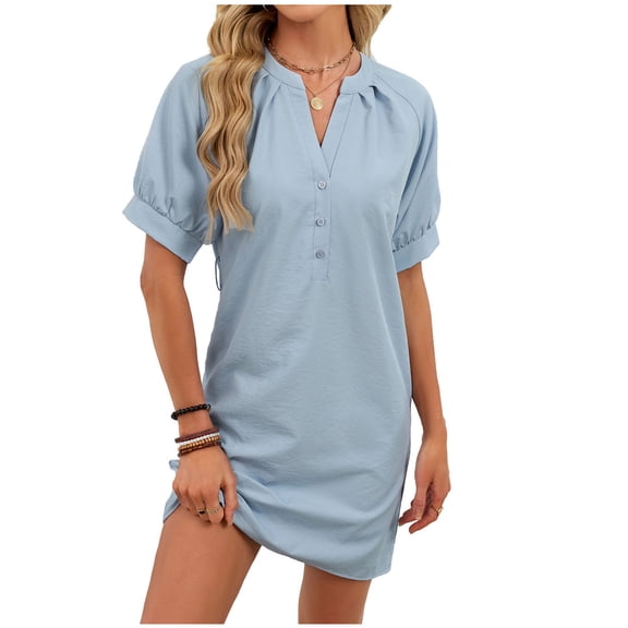 Kaemgyyd Womens Nightgown Lantern Short Sleeve Tunic Sleep Dress Casual V Neck Loose Fit Sleepshirts Button up Night Gowns(Blue,Large)