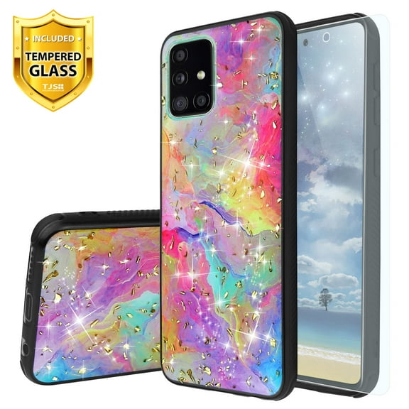 TJS Compatible with Samsung Galaxy A51 5G Case, with [Tempered Glass Screen Protector] Shiny Chrome Flake Glitter Back Skin Full Body Soft TPU Rubber Bumper Drop Protector Cover (Rainbow)