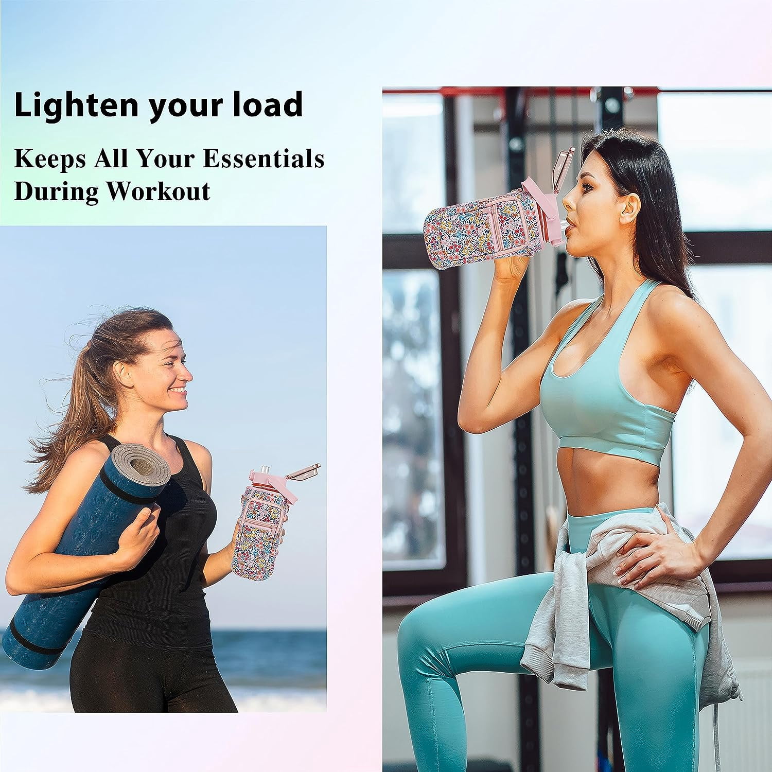 64 oz Water Bottle with Straw & Sleeve motivational BPA-free Half Gallon Water Bottle Holder with Strap Aesthetic Water Jugs for Drinking with Handle for Gym Women Men Flower