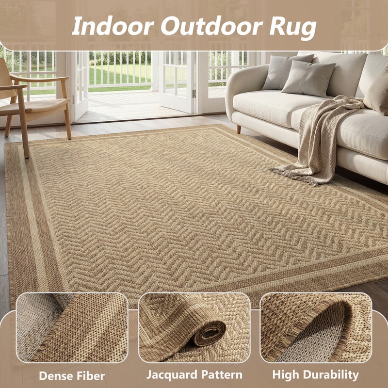 SIXHOME Outdoor Rugs 5'x7', Farmhouse Bordered Patio Rug, Indoor Outdoor Polypropylene Weave Textured Carpet, Water-Resistant, Quick-Dry Rug for Porch, Balcony, RV, Garden, Neutral Brown