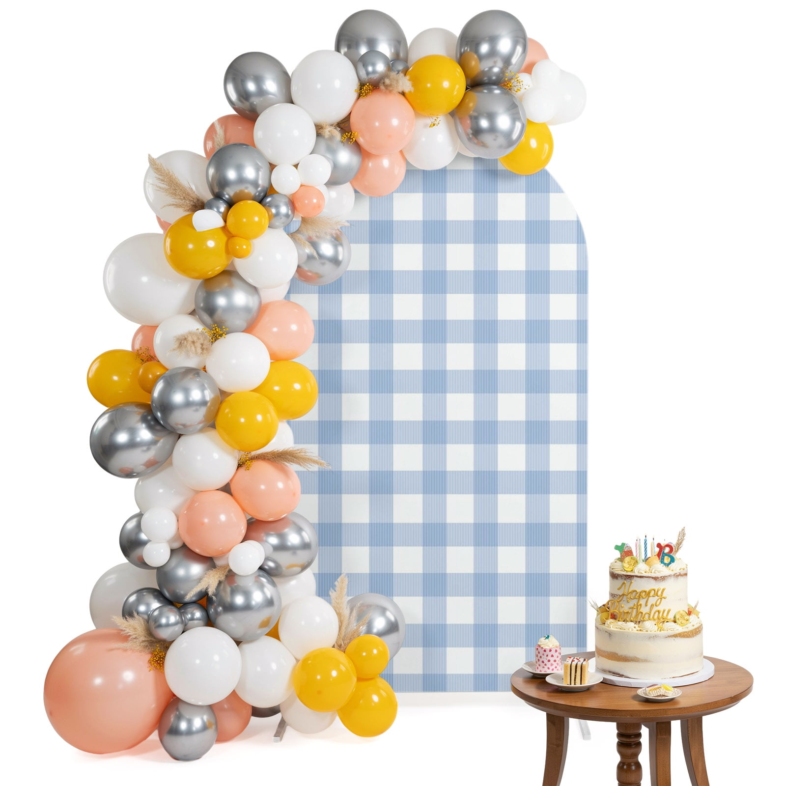 Blue Checkered Arch Backdrop Cover 6FT Country Farmhouse Pastoral Classic Plaid Gingham Spandex Fitted Arch Covers Stretchy Backdrop Decoration for Wedding Birthday Graduation Party