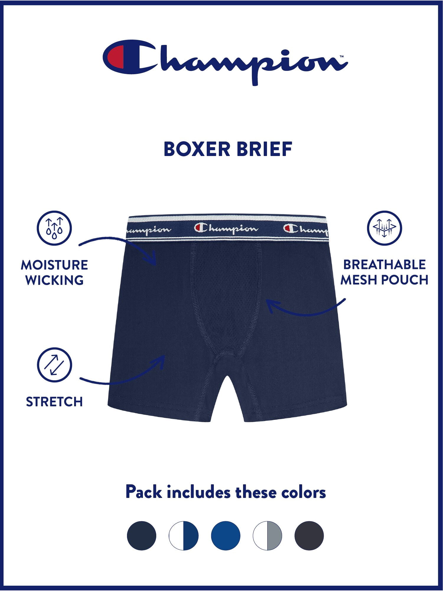 Champion Boys’ Active Performance Boxer Briefs, 5 Pack, Sizes XS–XL