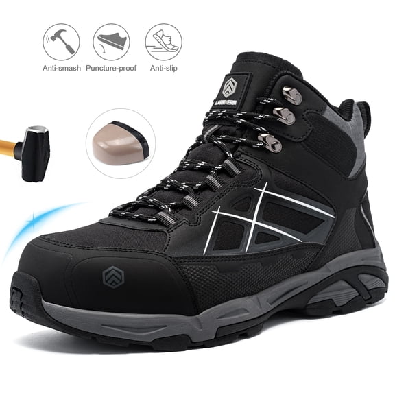 Larnmern Men's Shoes Steel Toe Safety Boots Lace-Ups, Ankle-High Round Toe, Black, 10.5 US Men
