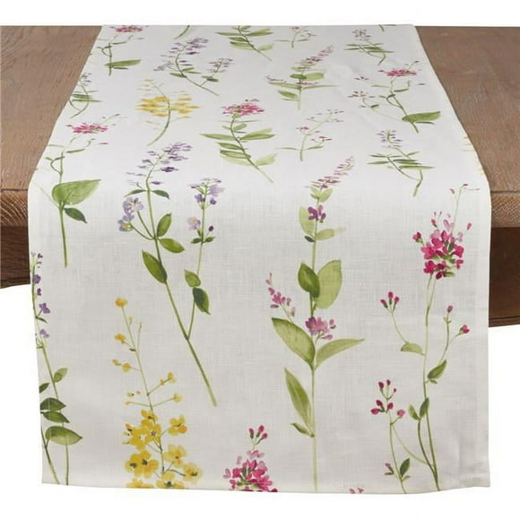 Saro Lifestyle 1015.OW16120B 120 in. Aquarelle Tiges Florales Lin Table Runner&44; Blanc Cassé