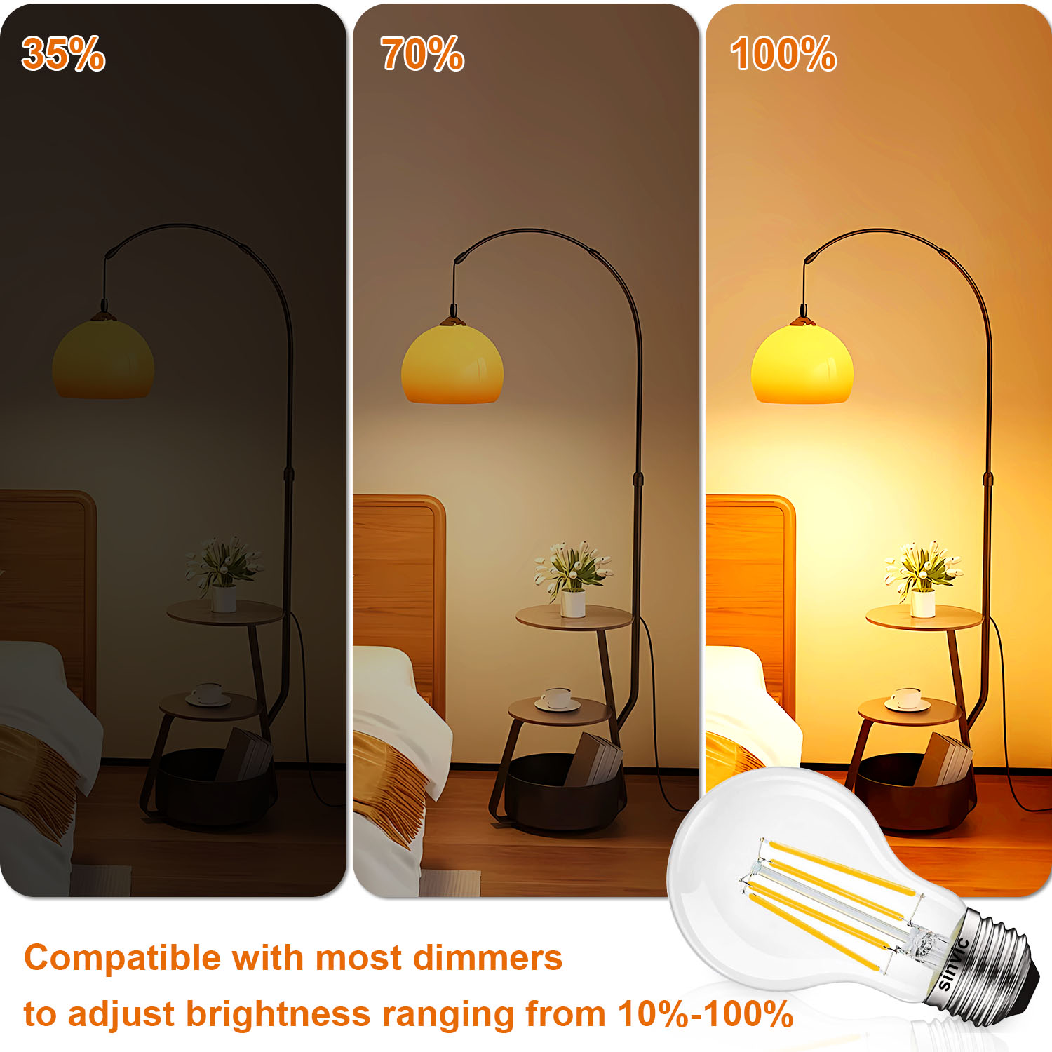 sinvic  A19 E26 Edison Bulb, 6 Pack High Output Dimmable A19 Vintage Light Bulb 806LM 2700K Warm White 8W, Equal 60W, CRI 85+ E26 Base, Clear Glass A 19 Filament LED Bulb for Chandelier, Pendant