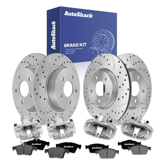 AutoShack Front Vented & Rear Solid Drilled & Slotted Coated Brake Rotors Silver Matte Finish   Ceramic Pads   Calipers 16-PC Brake Kit Replacement for 2013 Ford Escape TurboGuard