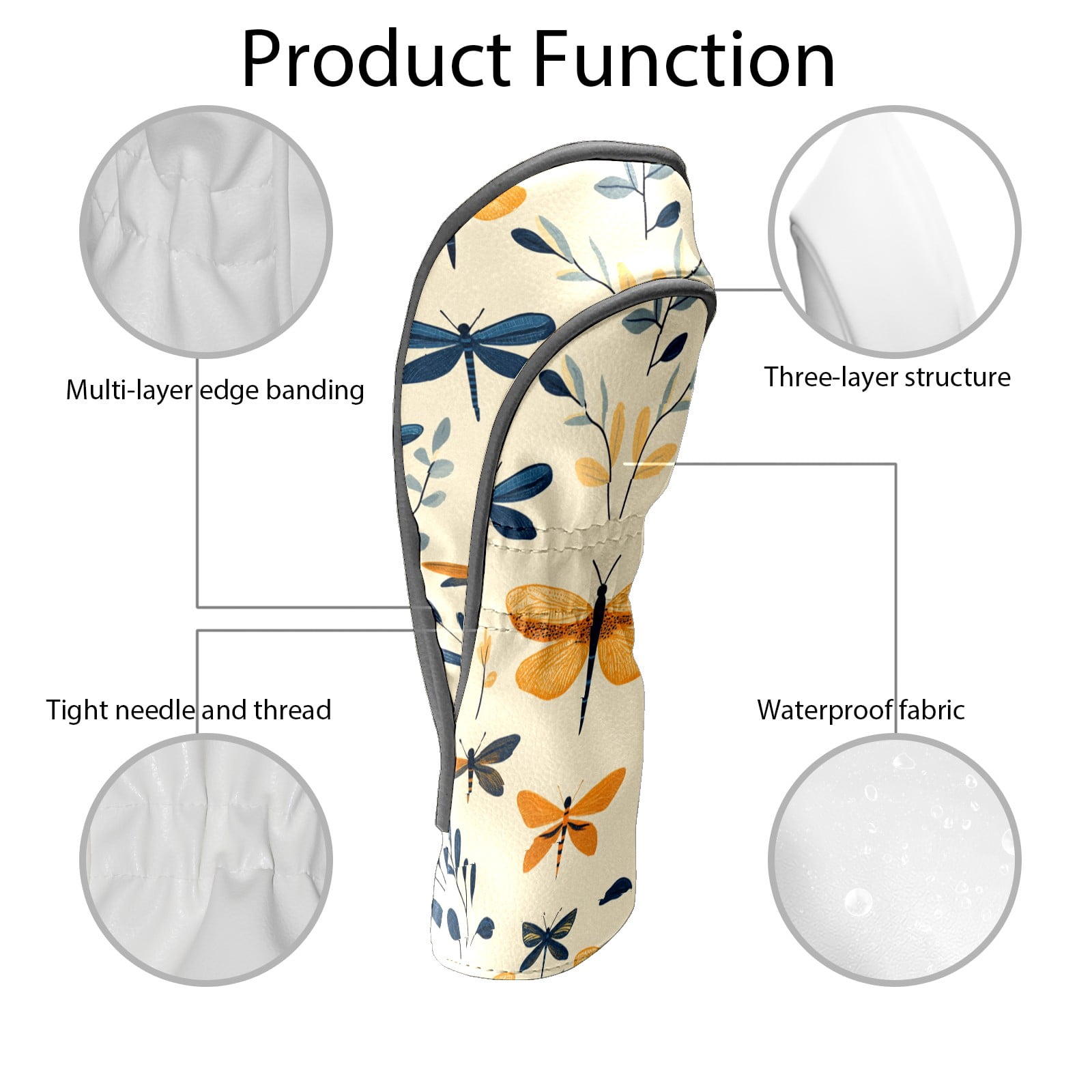 Golf Club Covers PU Leather Waterproof Head Covers for Fairway Woods Hybrids Leaf Dragonfly