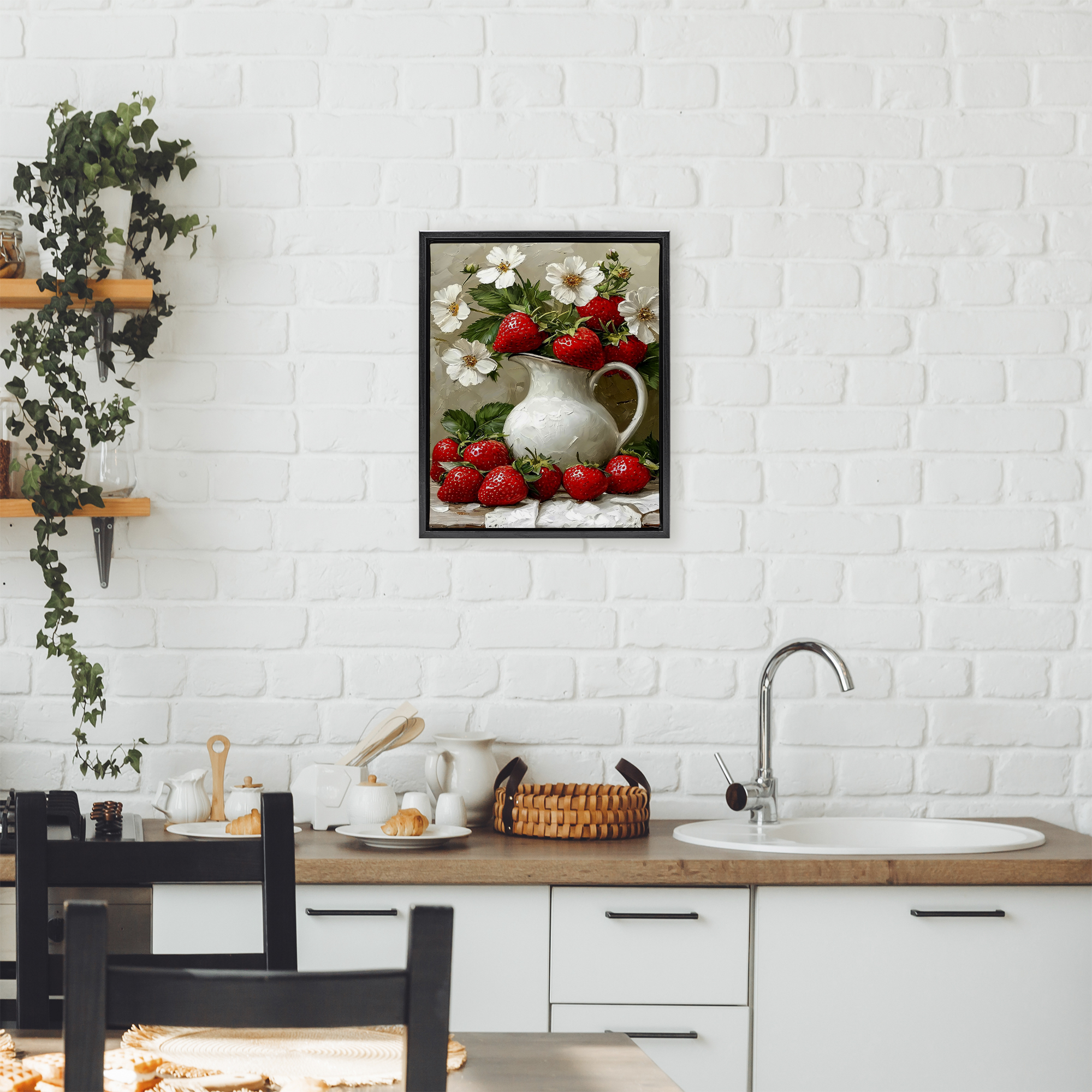 Painterly Strawberries Still Life Black Framed Floater Canvas Wall Art, design by Lettered and Lined