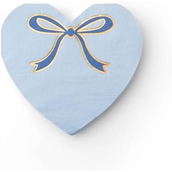 Blue Signature Bow Heart Paper Party Napkins | Heart-Shaped, Disposable with Gold Foil Bow Detail | Premium Party Supplies | Valentine’s Day, Baby Shower Decor | Pack of 20, 6.5" Folded