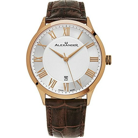 - Alexander Statesman Triumph Wrist Watch For Men - Stainless Steel Plated Rose Gold Watch - Brown Leather Analog Swiss Watch - Silver White Dial Date Mens Designer Watch A103-08