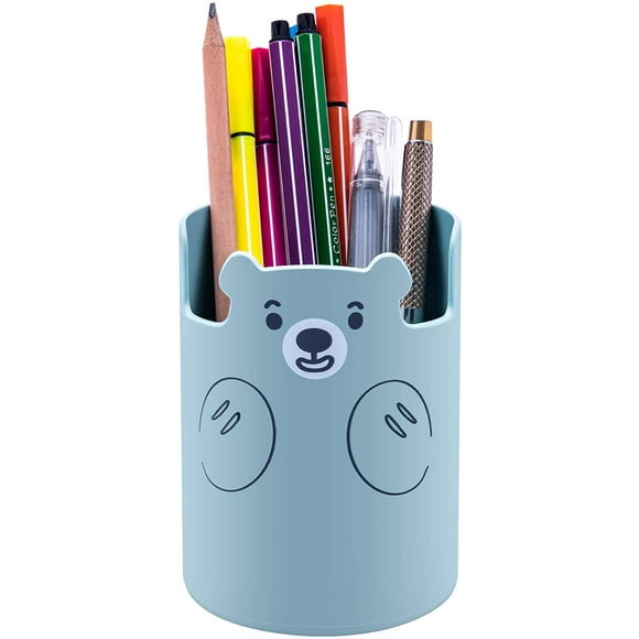 Portalápices, lindo oso lápiz titular taza pote papelería organizador para escritorio, escuela, oficina, niños (azul-paquete de 2)