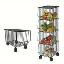 Heavy Duty 4-Tier Rolling Utility Basket with Wheels - Stackable Storage Organizer Space Saving Mobile Cart for Kitchen Pantry Garage Laundry Bathroom, Easy Clean Metal Wire Bin with Cover
