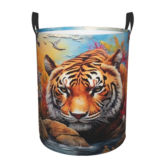 Balery Colorful Plant Tiger Cesta de ropa redonda con asas, impermeable, independiente, para ropa, juguetes, dormitorio y familia-Small