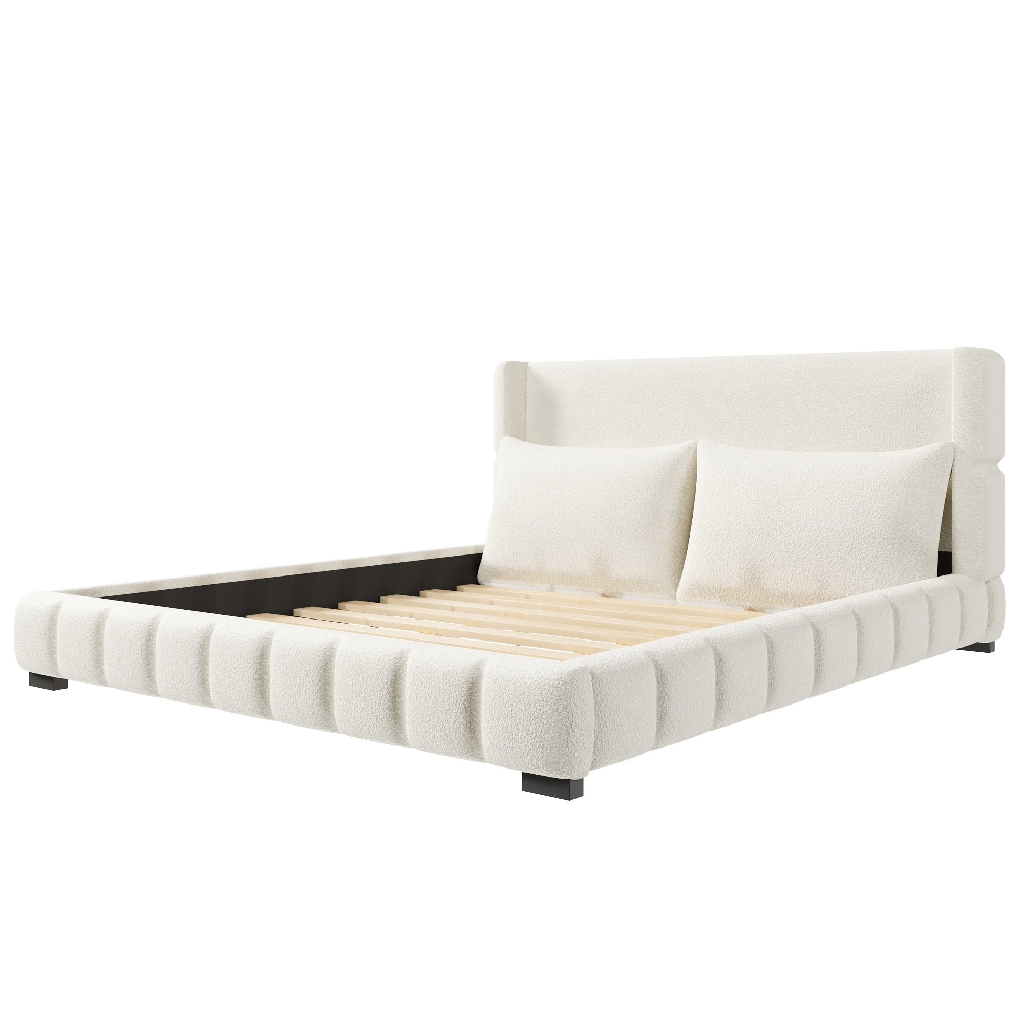Euroco Velvet Upholstered King Size Platform Bed with Wingback Headboard and Pillows, White