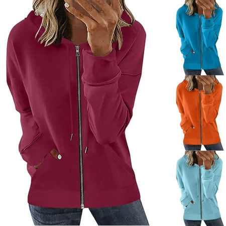 YUGYXL Womens Casual Full Zip Hoodie Jackets Comfy Thin Fleece jackets with Drawstring Casual Solid Color Pockets Soft Sweatshirt Gift for Wife Wine,XXL