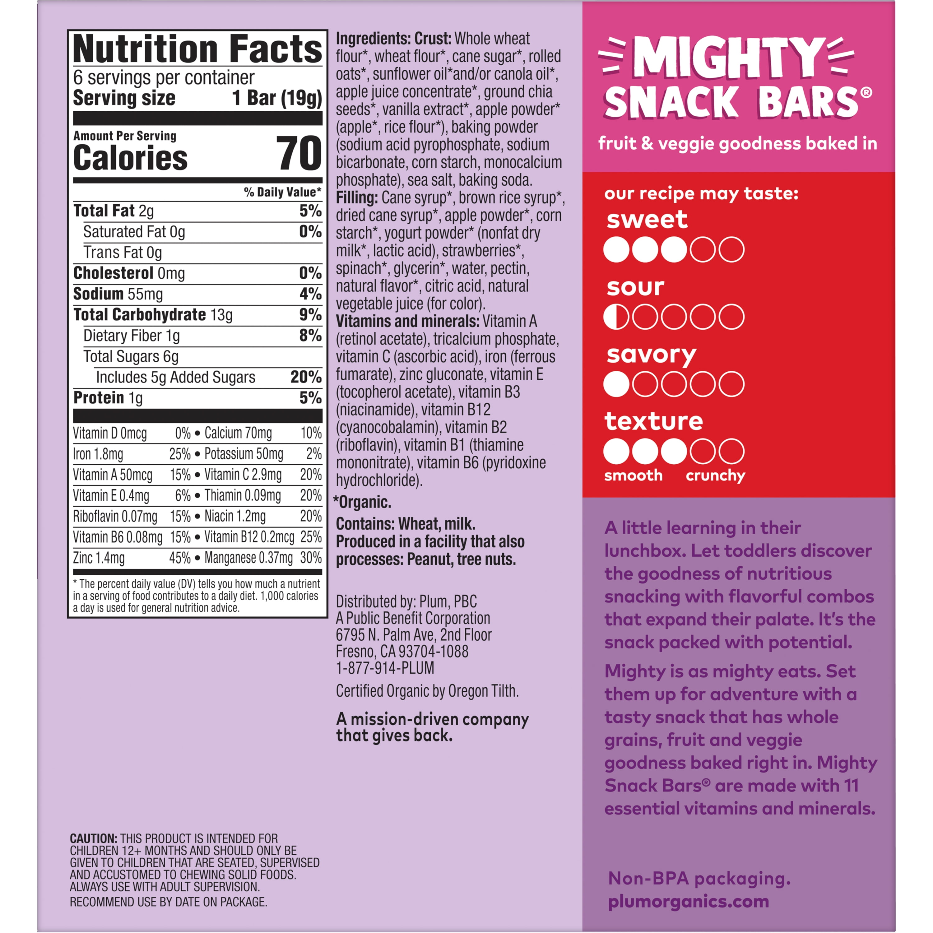 Plum Organics Mighty Snack Bars, Strawberry, 0.67 oz Bars, 6 Count, 8 Pack