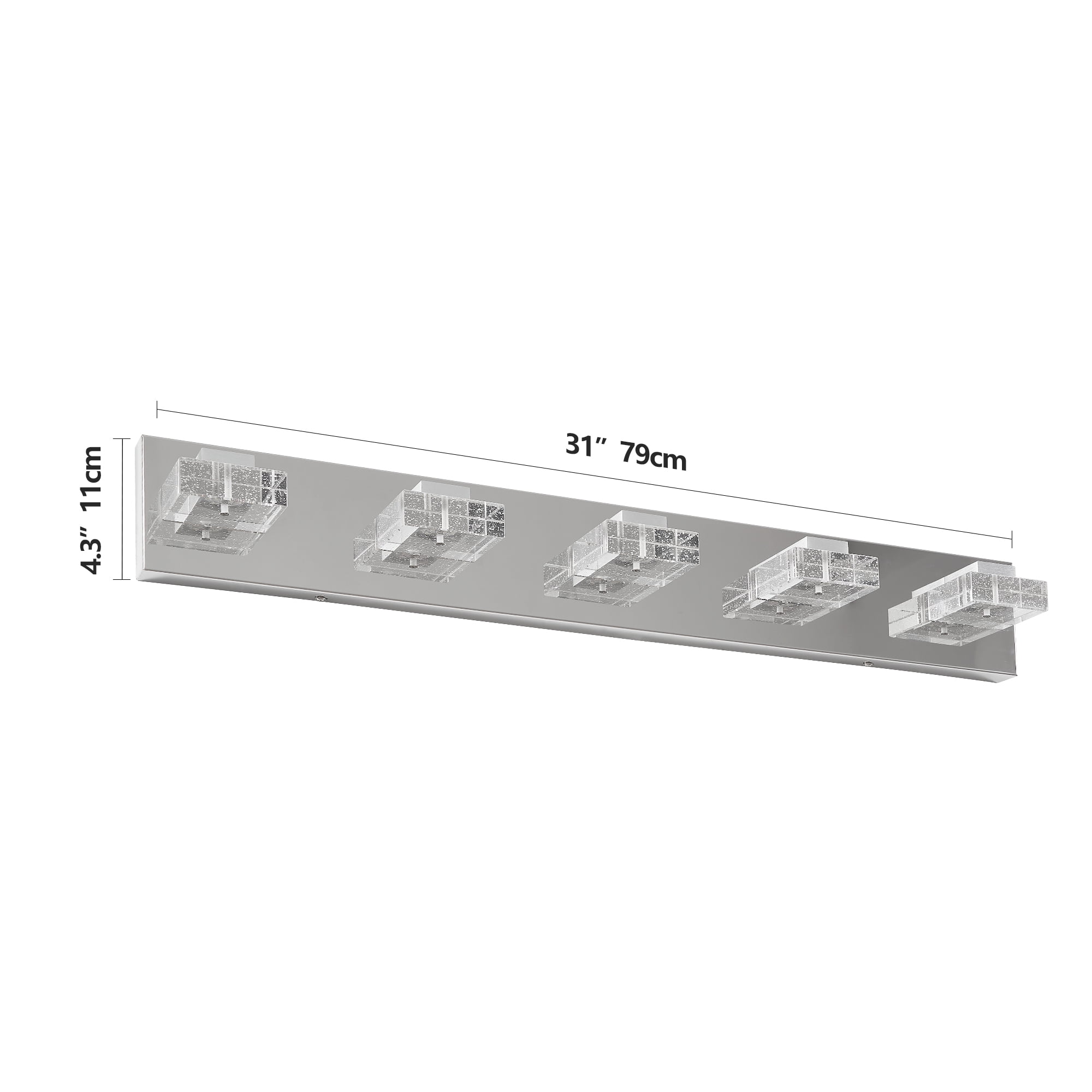 31" Modern Chrome 5-Light LED Vanity Light, Square Acrylic Lampshades Wall Mount Fixture for Bathroom, Mirror Lighting