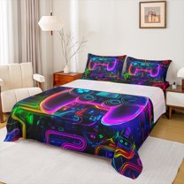 Homewish Abstract Gradient Gamer 3pcs Twin Sheet Sets For Kids Teens Adults,Video Game Twin Fitted Sheet,Neon Lights Breathable Flat Sheet,Super Cozy Room Decor