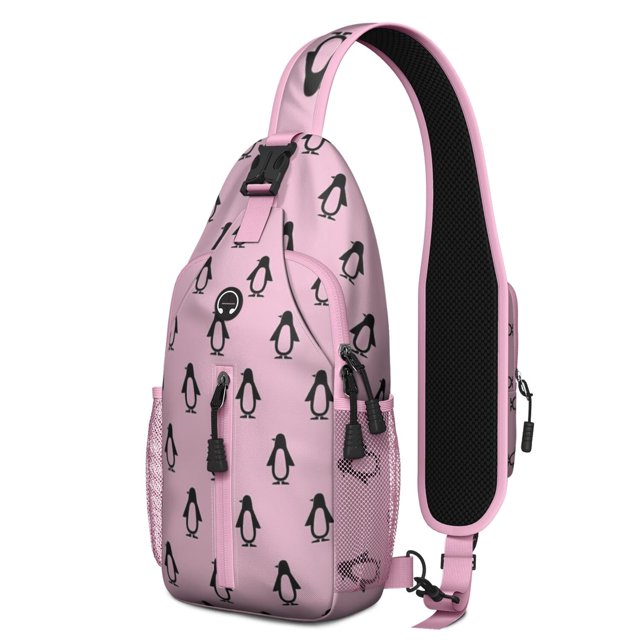 Emperor Penguin Cartoon Pattern Sling Backpack, Lightweight Crossbody Daypack with Snowflake and Winter Animal Print, Cute Penguin Design Anti-theft Travel Bag for Students, Travelers, Gym, Outdoor