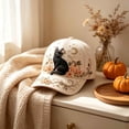 thumbnail image 2 of HOZVOMI Halloween Embroidered Baseball Cap for Women, Vintage Black Cat Pumpkin Moon Floral Hat with Pearl Details, Cream Adjustable Fall Seasonal Fashion Accessory, 2 of 6