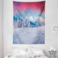 thumbnail image 1 of Landscape Tapestry, Sunset Dawn in Winter Snowy with Pine Trees Forest Mountain Wiev, Wall Hanging for Bedroom Living Room Dorm Decor, 60W X 80L Inches, Dark Coral White Sky Blue, by Ambesonne, 1 of 2