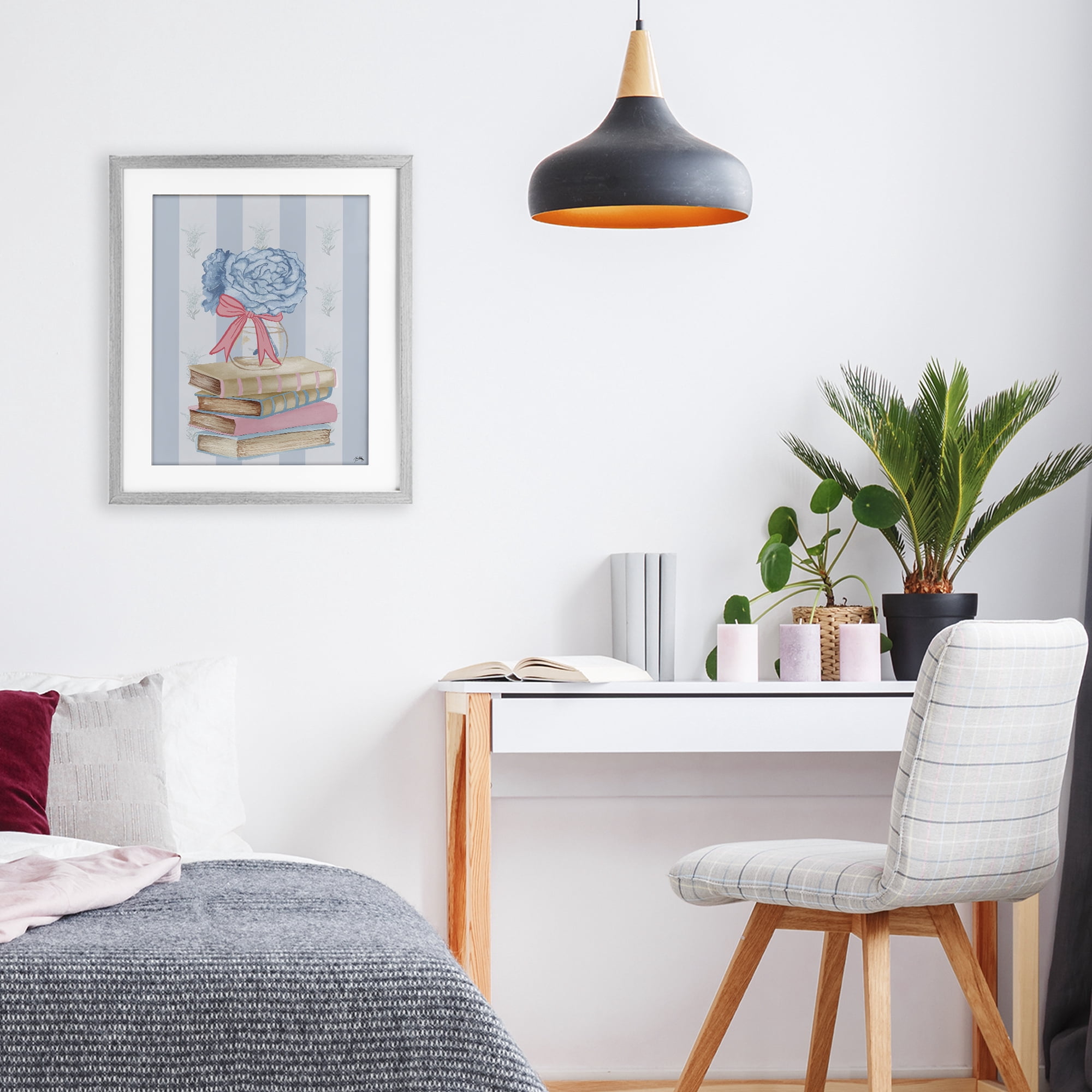 Stupell Industries Stacked Books & Blue Hydrangeas Gray Framed Print Under Glass, design by Elizabeth Medley