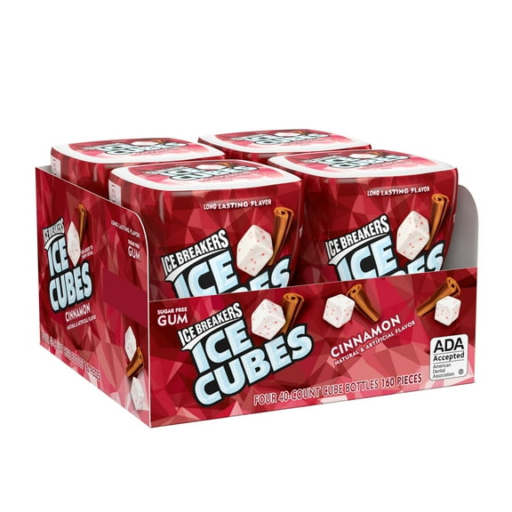 ICE BREAKERS, ICE CUBES, Cinnamon Flavored Sugar Free Chewing Gum, Made with Xylitol, 3.24 oz, Bottles, 4 Count, 40 Pieces