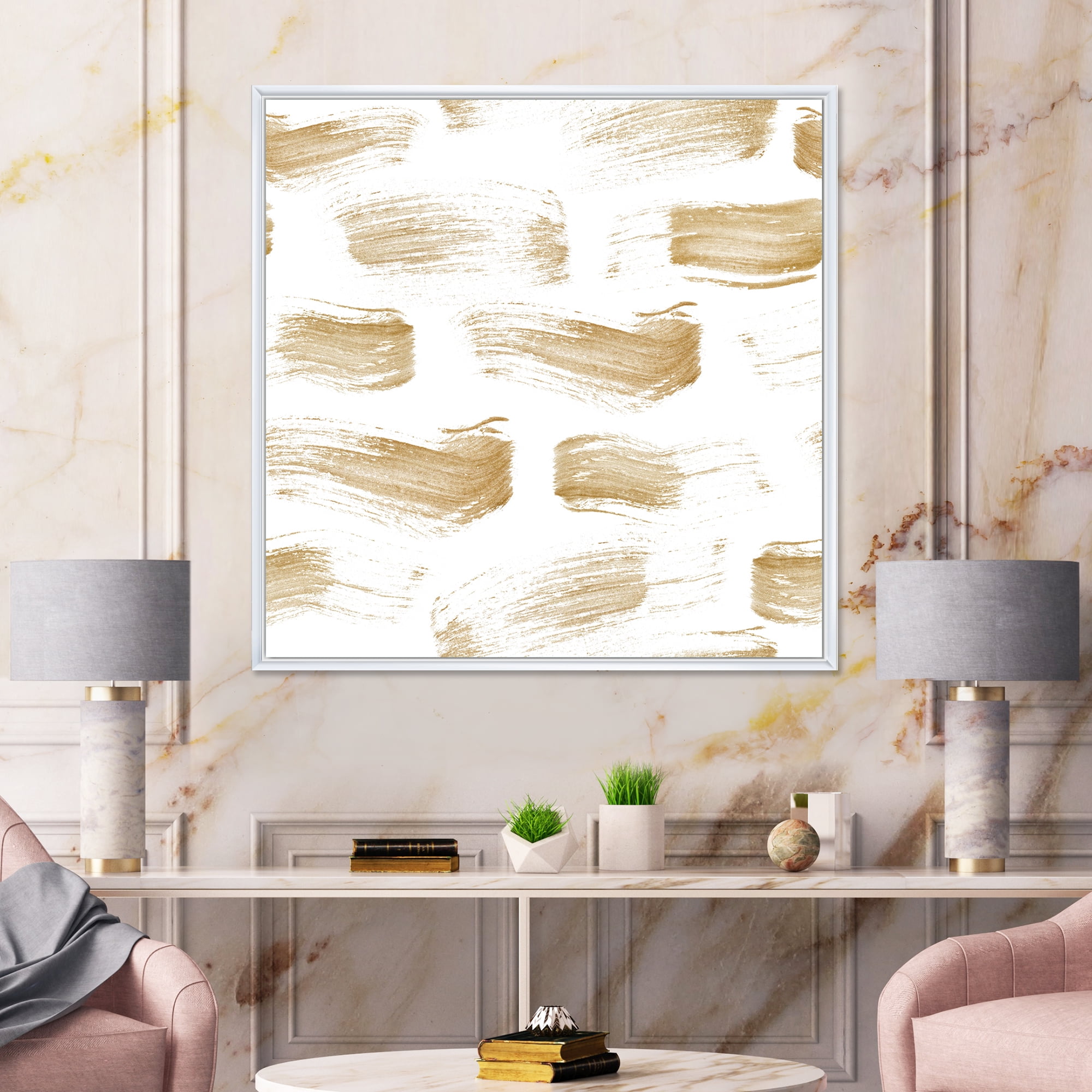 Golden Abstract Brush Strokes 16 in x 16 in Framed Painting Canvas Art Print, by Designart