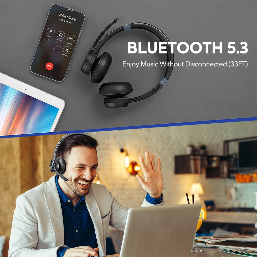 Bluetooth Headset V5.3, Superior Stereo Vibration Sound with Active Noise Cancelling Microphone, Dual Device Connection, 45H Talk Time Comfortable On-Ear Wireless Headphones for Phones, Computers