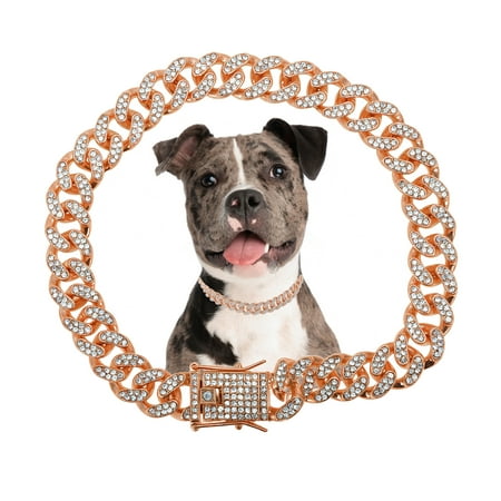 Unique Bargains Dog Chain Durable Rhinestone Dog Necklace Cuban Link Dog Collar Pet Dog Collar Jewelry Accessories 10  Rose Gold Tone
