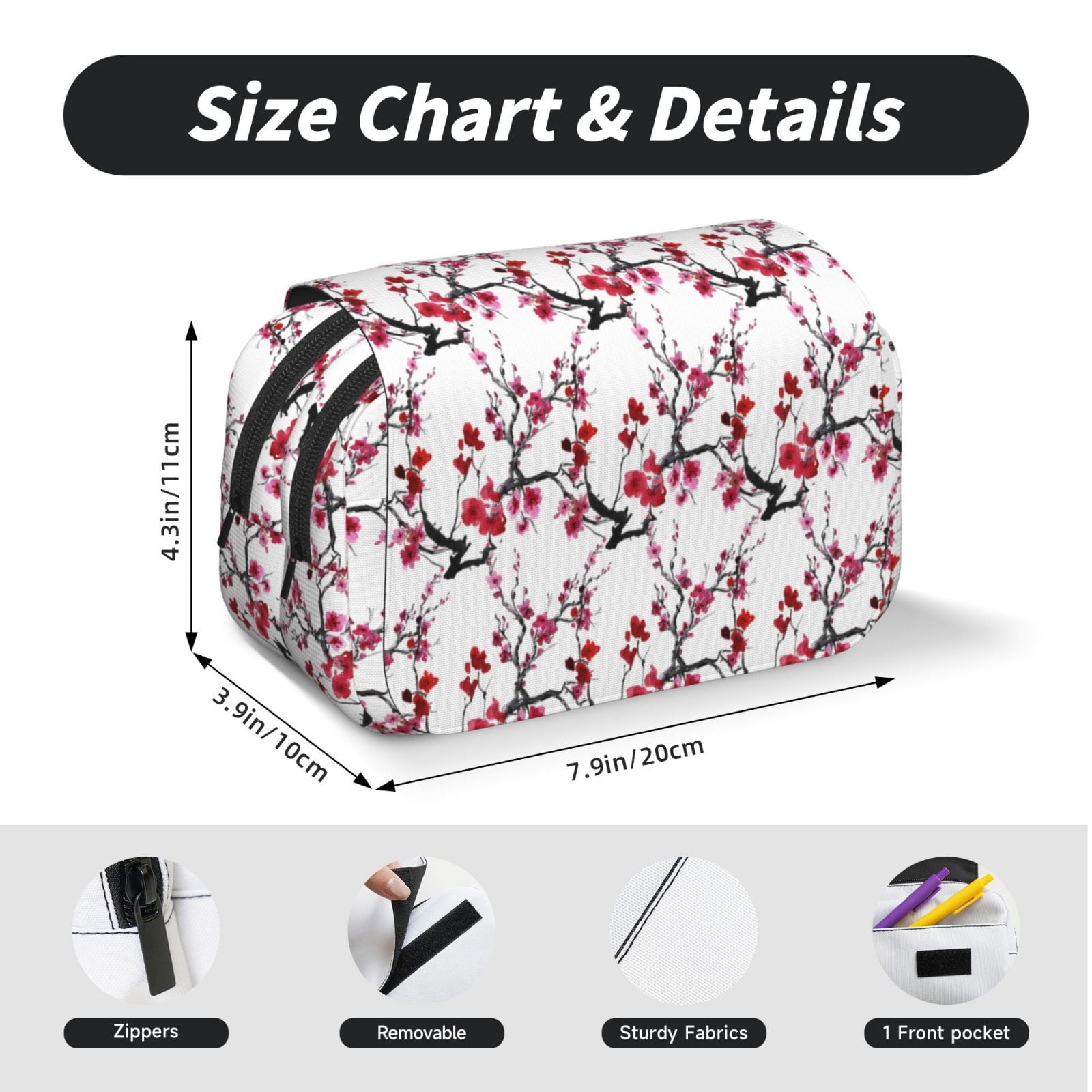 Rateoe Cherry Blossoms Pattern Double Clamshell Pen Case, Storage Organizer with Two Zipper Compartments– Holds Up to 50 Pencils & Pens