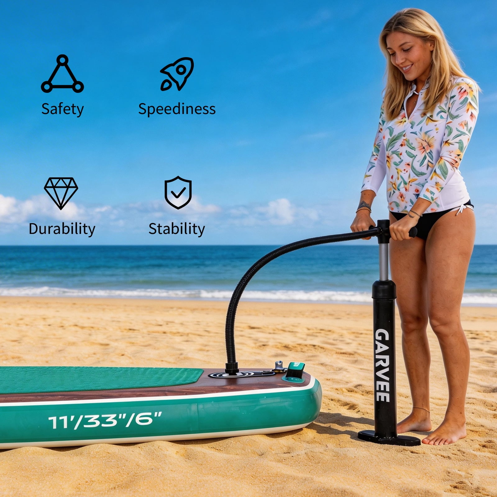 Stable Inflatable Upright Paddle Board 11.5ft x 33" for Adults & Youth – Ultra-Light Deep Wood Deck, Triple Fin, Non-Slip Surface, Paddle Holder, High-quality Paddle, Complete Kit, All-Around Use