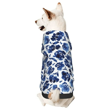 Cauagu Blue Ink Flowers Pattern Winter Pet Hoodie Sweatshirts- Dog Hoodie Sweater with Leash Hole - Cute Dog Hoodie - Pet Clothes Puppy Cat Custume -X-Large