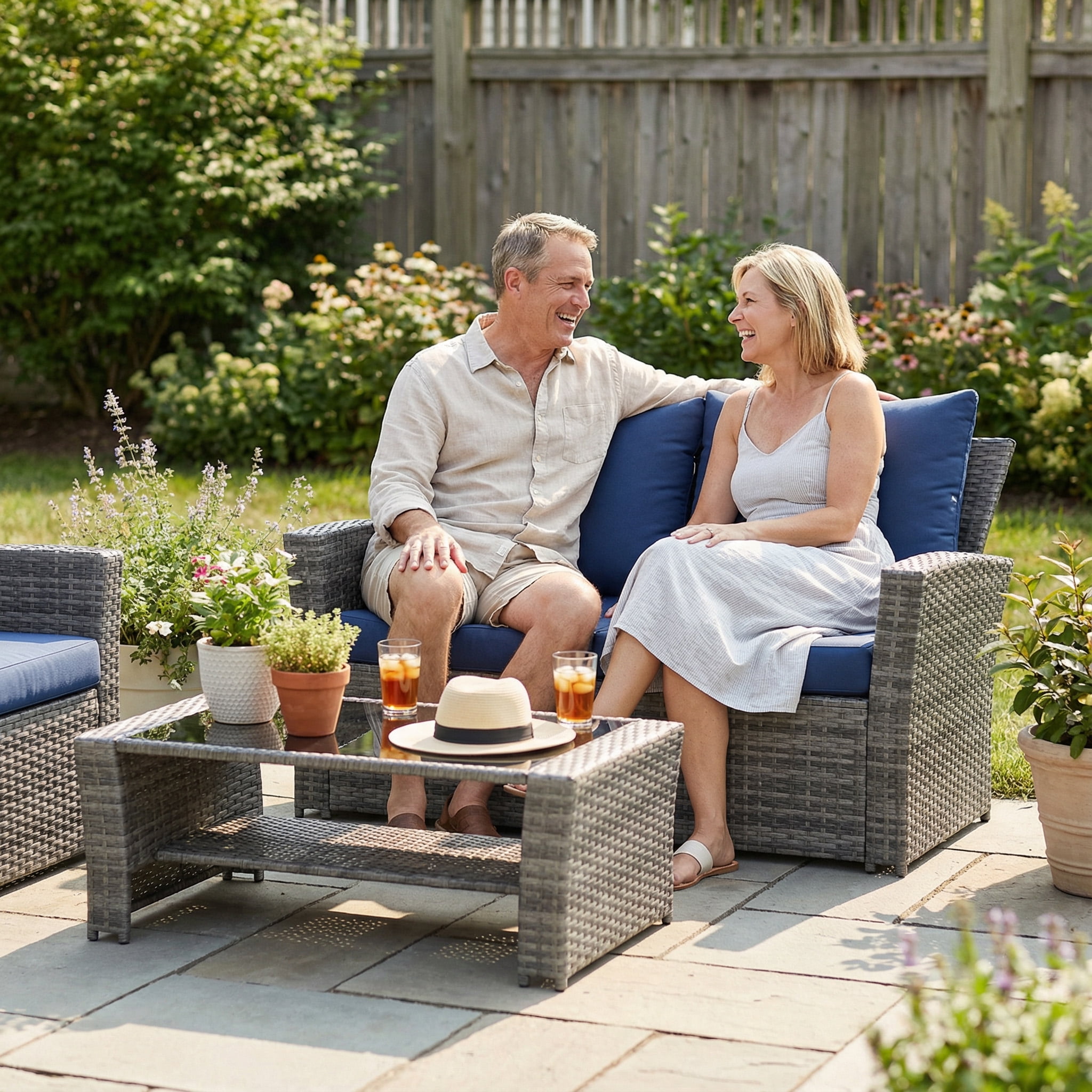 UDPATIO Wicker Patio Furniture Set, 4 Piece Outdoor Sectional Conversation Sets, Gray PE Rattan Patio Sofa Set for Balcony, Backyard, Navy Blue