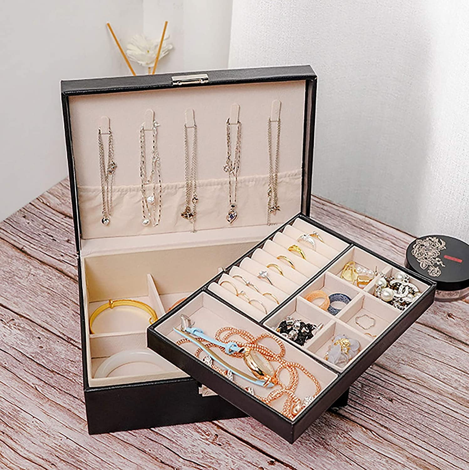 Jewelry Necklace Box With LED Light Storage Case Holder Display Bracelet Rings 